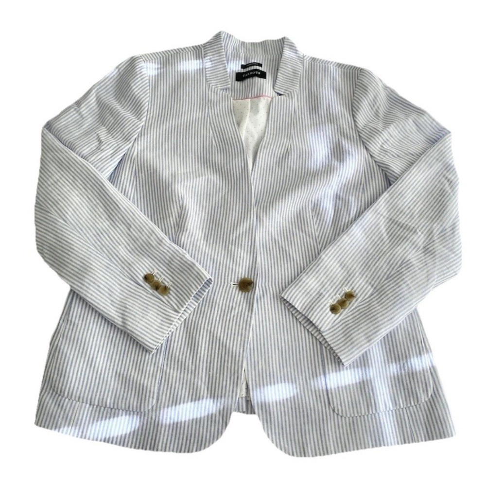 Talbots Aberdeen Nautical Coastal Linen Cotton Light Blue White Striped Blazer L